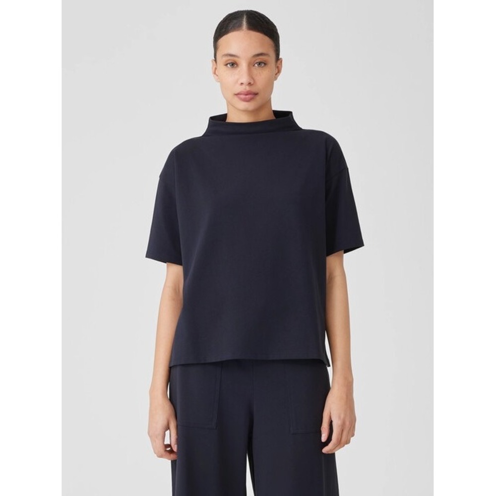 Eileen Fisher Pima Cotton Stretch Jersey Funnel Neck Top Slate Blue Medium NWT